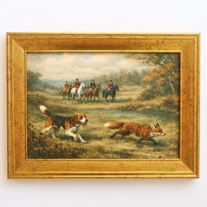 Vintage inspired Hunting Scene Framed Art print Gold Frame 5x7 Beagle